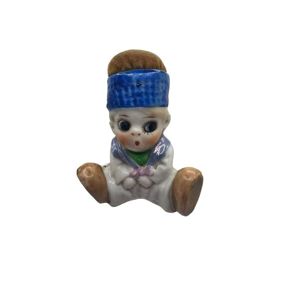 Vintage Porcelain Ceramic Big Eyed Boy Looking Surprised Pin Cushion Needle Hold - Picture 1 of 9
